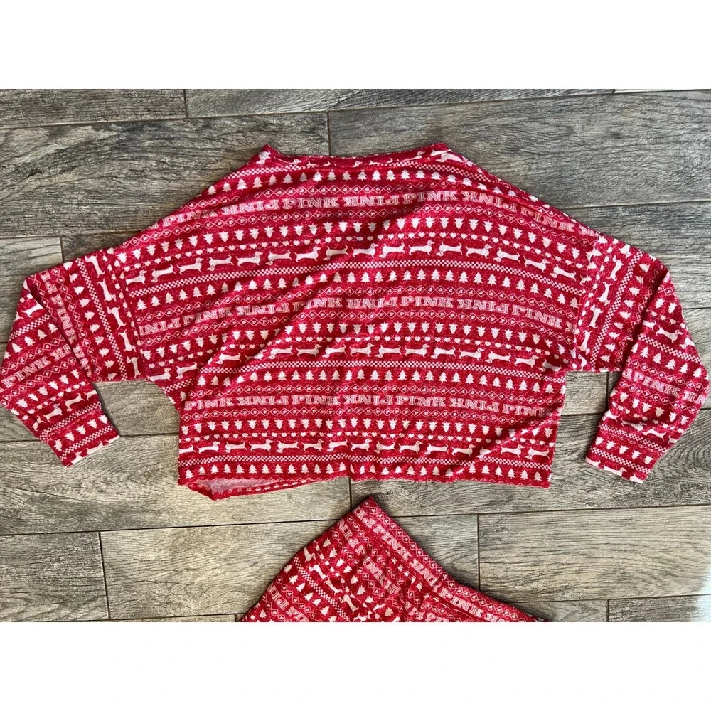 PINK Victorias Secret Pajama Set Large Red Fair Isle Dog Logo 2 pc PJ Set Nordic